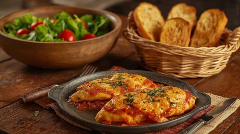 Chicken parmesan, simple green salad, and garlic bread slices.