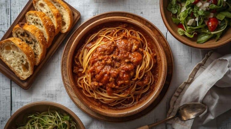 Spaghetti with meat sauce, simple green salad, and garlic bread slices on a table.