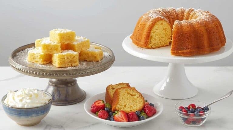 Lemon bars, bundt pound cake, fresh fruit, and whipped cream on a kitchen counter.