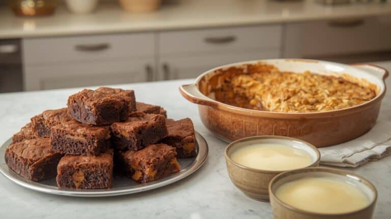 Fudge brownies, apple crisp, and vanilla pudding on a kitchen counter.