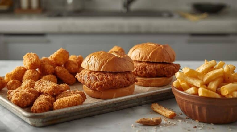 Crispy fried chicken sandwiches, chicken nuggets, and seasoned French fries.