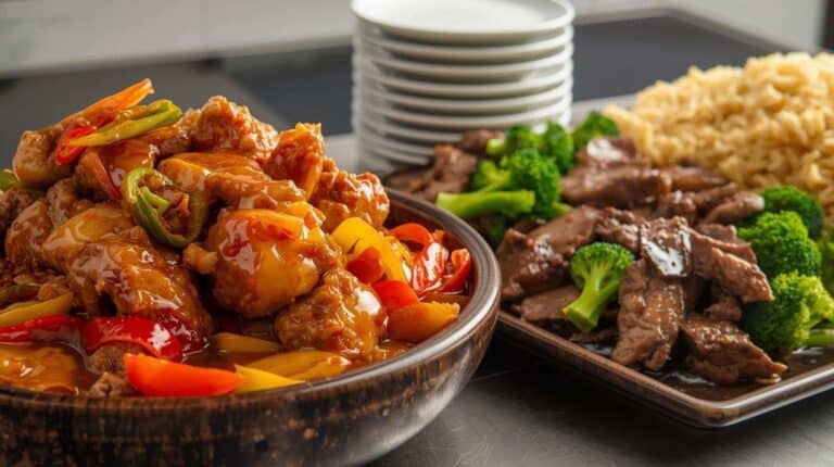 Sweet and sour chicken, broccoli beef, and fried rice.