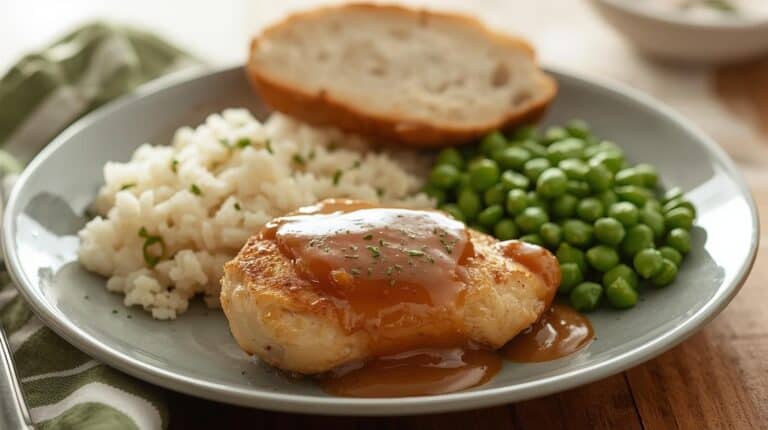 A plate with a baked chicken breast with gravy, buttered rice, peas, and slice of bread.