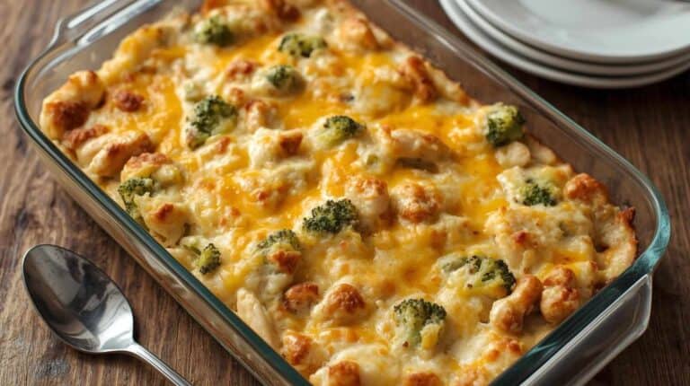 A creamy chicken and broccoli casserole with rice and a lightly browned cheese topping baked in a glass baking dish.