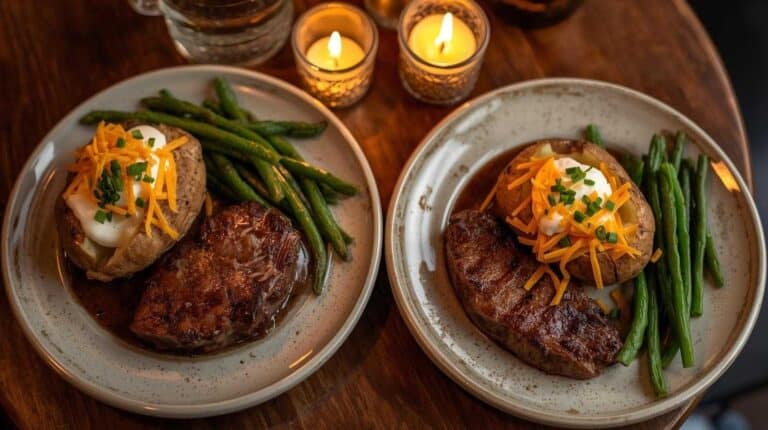 Two plates with steak, loaded baked potato, and green beans on a small table.