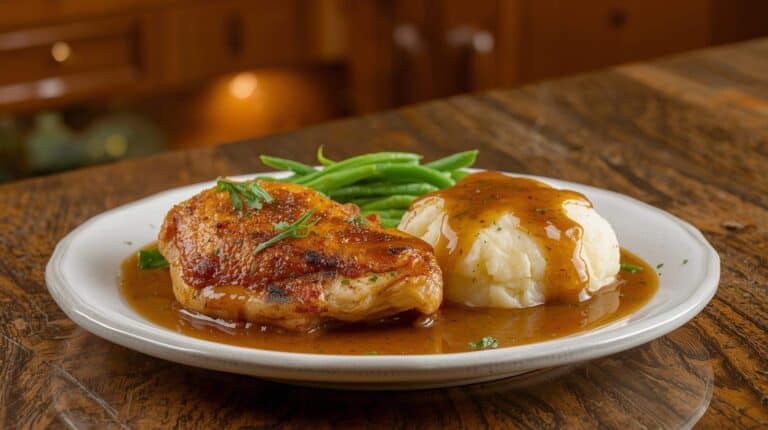 A plate with a pan-seared chicken thigh, mashed potatoes with gravy, and green beans on a kitchen table.
