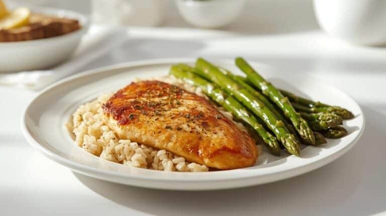 Baked chicken breast, herbed rice, and roasted asparagus on a plate.