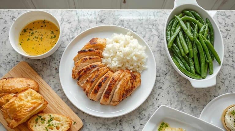 Sliced pan-seared chicken breast, rice, green beans, and garlic bread.