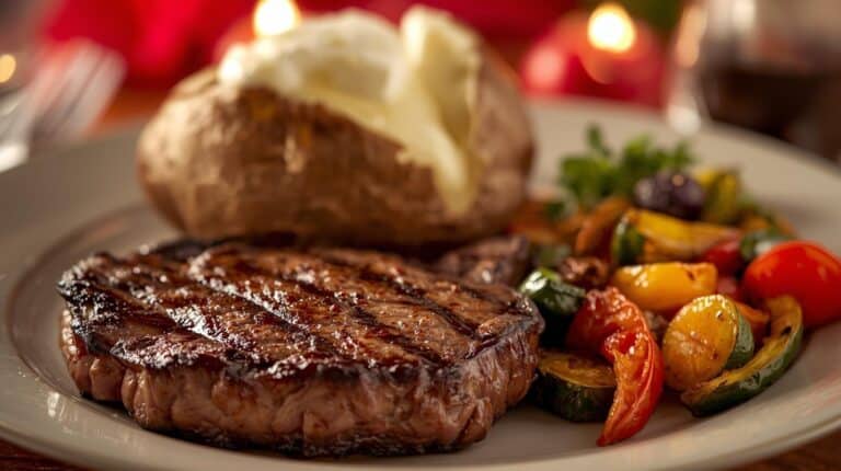 Grilled steak, baked potato with butter and sour cream, and roasted vegetables on a plate.