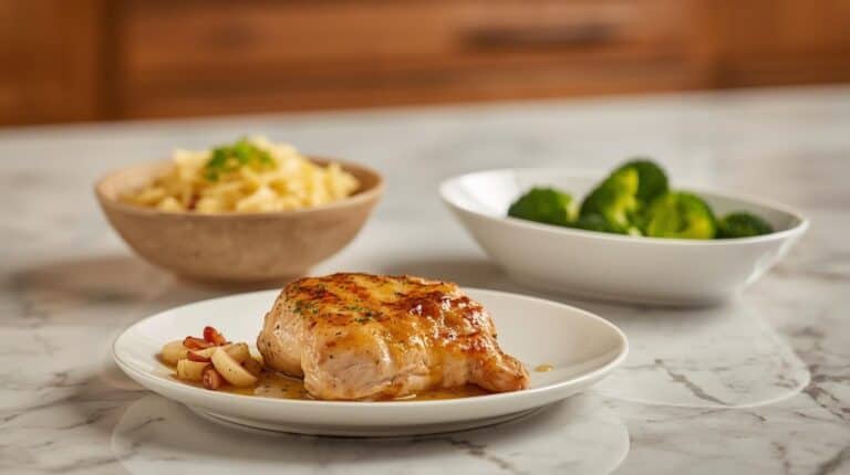 Pan-seared chicken thigh with garlic butter glaze, buttered noodles, and broccoli on a kitchen counter.