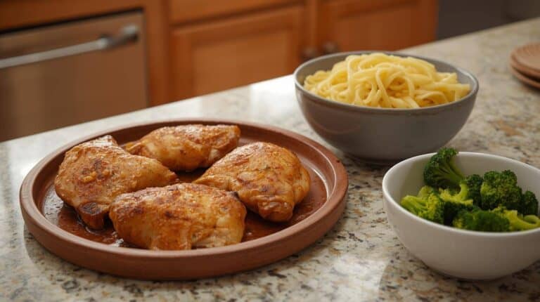 Pan-seared chicken thighs, buttered noodles, and steamed broccoli on a kitchen island.