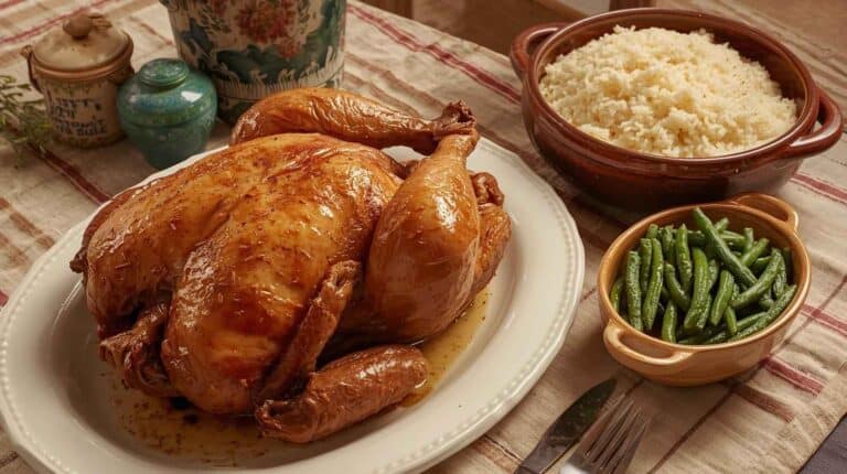 A whole roast chicken, rice, and green beans on a casual dinner table.