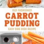Slices of carrot pudding and the ingredients to make it.