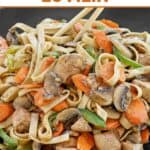Stir-fried chicken, veggies, lo mein noodles, and sauce.