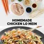 Ingredients to make chicken lo mein and the stir-fried dish on a plate.