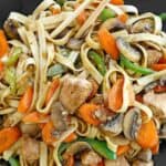Stir-fry chicken and vegetable low mein dinner.