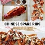 The ingredients to make Chinese ribs, before baking them, and the ribs served on a platter.