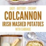 Traditional Irish colcannon in a serving dish and the ingredients to make it.