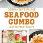Seafood gumbo served over rice, cooking the gumbo, and the ingredients to make it.