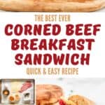 Ingredients for and making a corned beef breakfast sandwich.
