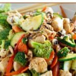 Stir fried chicken and mixed vegetables with homemade Hunan sauce.