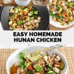 Hunan chicken ingredients, stir-frying the dish, and serving it in a bowl.