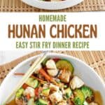 Bowls of stir-fried chicken and veggies with Hunan sauce.