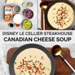 Ingredients to make creamy cheese soup with bacon and beer, and the soup in bowls.