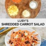 Copycat Luby's carrot salad ingredients and the salad on a small plate.