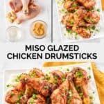 Ingredients for chicken baked with miso glaze and glazed drumsticks over rice.