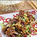 Homemade Mongolian beef served with rice.