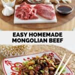 Ingredients for Mongolian beef and the stir-fried dish.