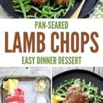 Pan-seared lamb chops served over arugula and the ingredients to make the chops.
