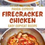 Stir-fried firecracker chicken in a bowl and skillet.