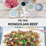 Mongolian stir-fried beef over rice and the ingredients to make it.