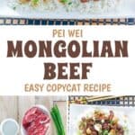 Mongolia beef ingredients and the stir-fried dish served over rice.