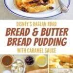 Copycat Raglan Road bread pudding with caramel sauce and the ingredients to make it.