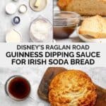 Ingredients for Guinness dipping sauce and Irish soda bread, and the sauce and bread served.