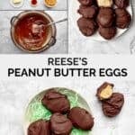 Ingredients to make peanut butter eggs, dipping them in chocolate, and serving.