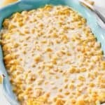 Southern creamed corn served in a ceramic dish.