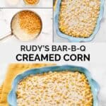 Copycat Rudy's creamed corn ingredients, cooking it, and served.