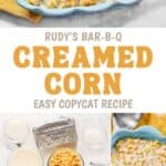 Creamed corn in a serving dish, cooking it in a pan, and the ingredients to make it.
