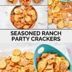 Ingredients to make seasoned ranch crackers and the crackers in a bowl.
