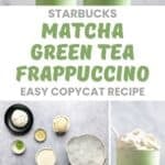 Copycat Starbucks matcha frappuccino in glasses and a blender, and the ingredients to make it.