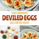 Deviled eggs topped with candied bacon and the ingredients to make them.
