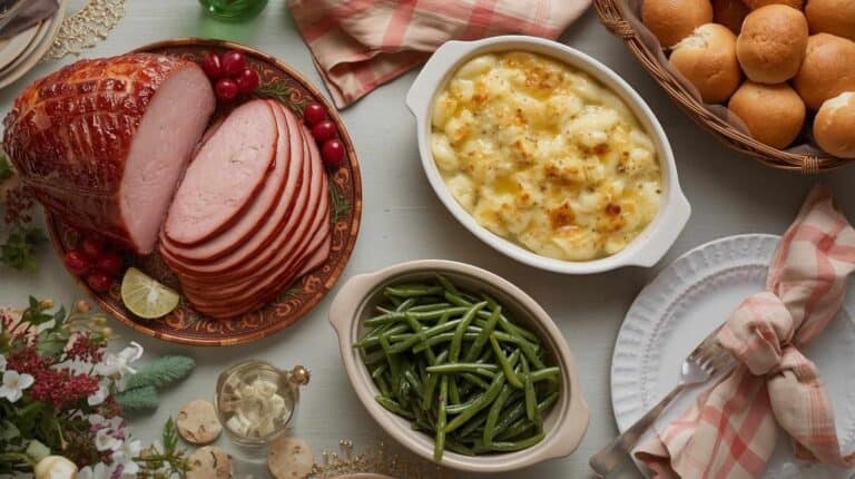Sliced glazed ham, scalloped potatoes, green beans, and dinner rolls.