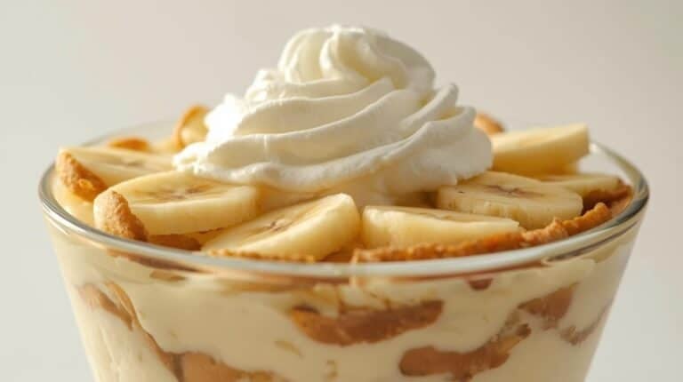 Banana pudding in a glass bowl topped with whipped cream.