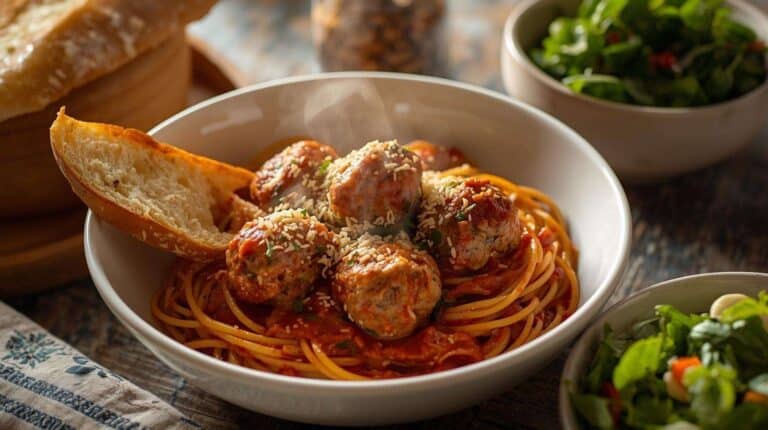 Spaghetti and meatballs in a large serving bowl with garlic bread and a green salad on a family dinner table.