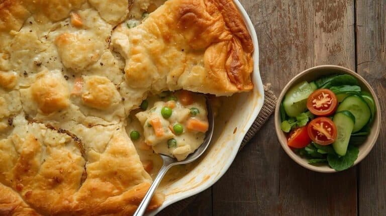 Chicken pot pie with golden crust in a baking dish and a simple green salad on a rustic table.