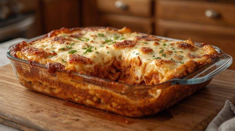 A baked ziti casserole with thick layers of pasta, marinara, and melted mozzarella bubbling on top.